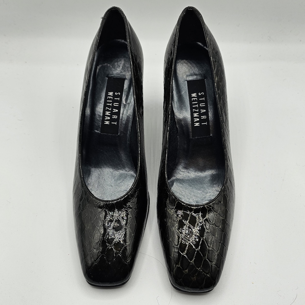 Stuart Weitzman Black Patent Reptile Embossed Pumps